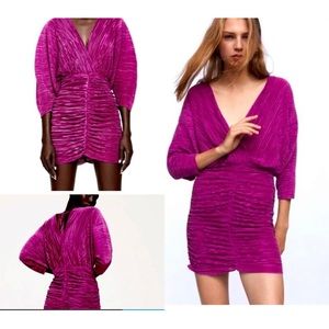 Zara Purple Pleated Plunging Mini Draped Dress Cocktail Party Small S